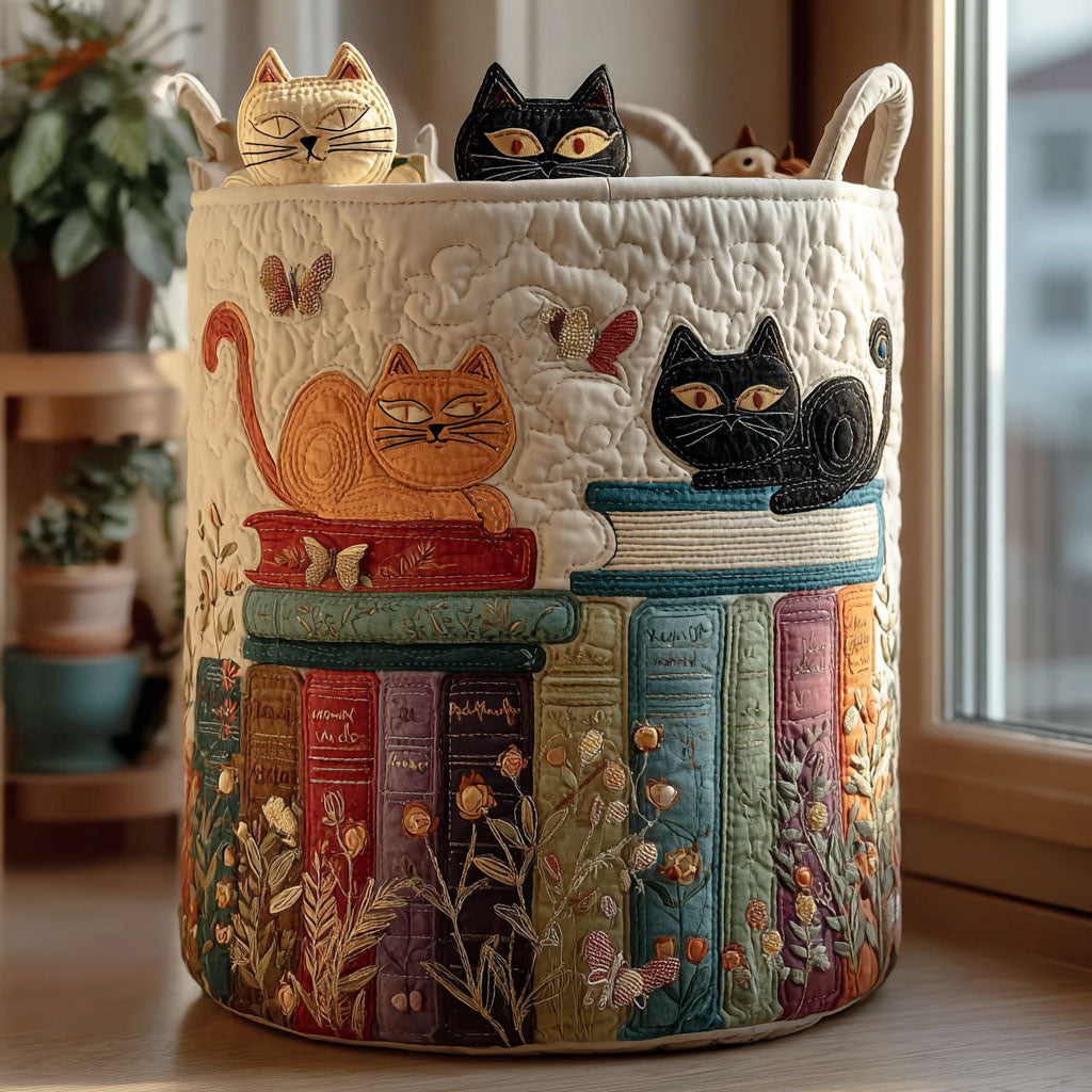 Cat Parade quilted laundry basket with cute cat print, perfect for kids' rooms or stylish home organization.