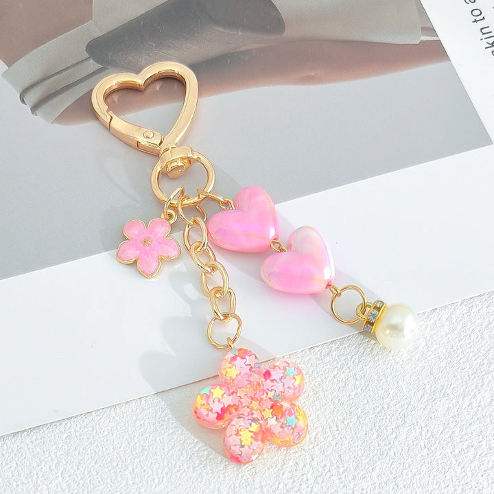 Charming heart & flower motif keychain. Cute bag charm & key accessory, perfect durable gift for her.