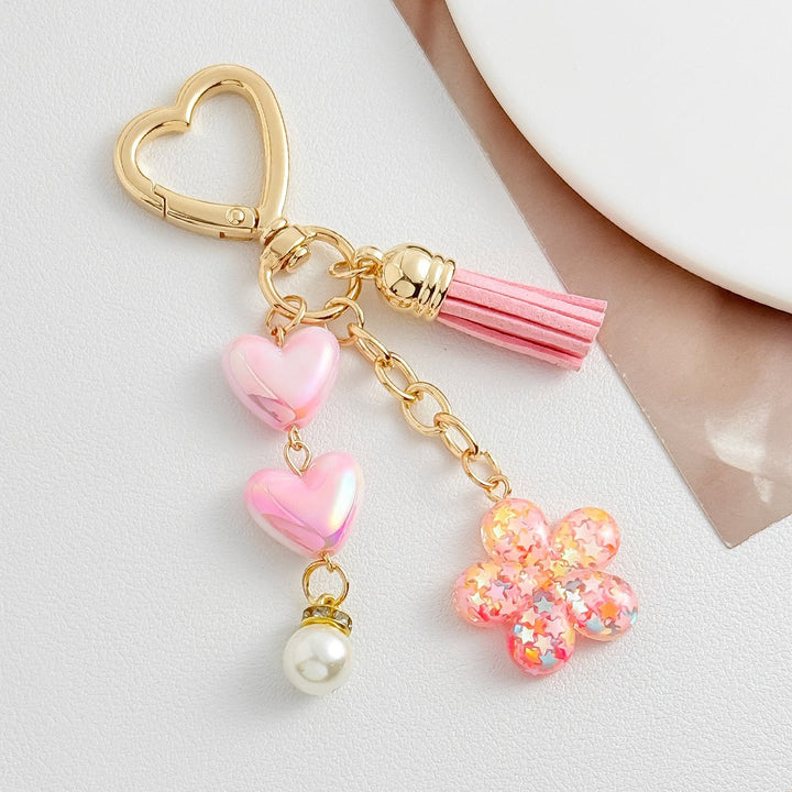 Fashionable heart & flower keychain. Charming bag charm & key accessory, a cute gift for her.