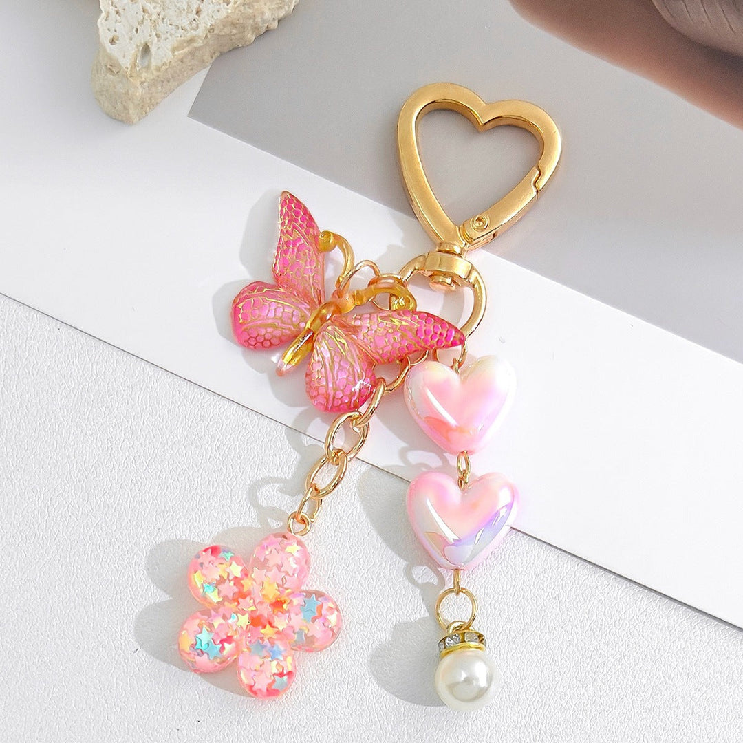 Multi-motif heart & flower keychain for bags & keys. Charming, cute, and a durable fashion accessory.
