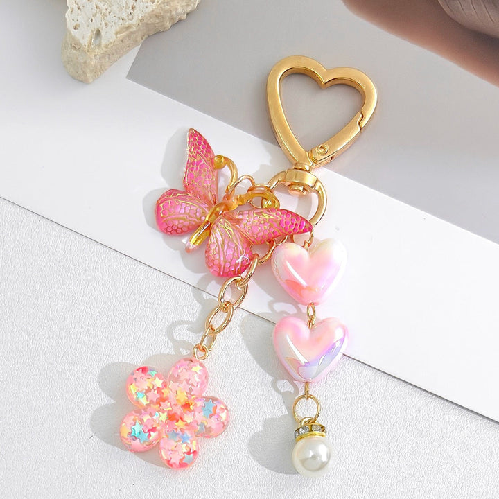 Multi-motif heart & flower keychain for bags & keys. Charming, cute, and a durable fashion accessory.
