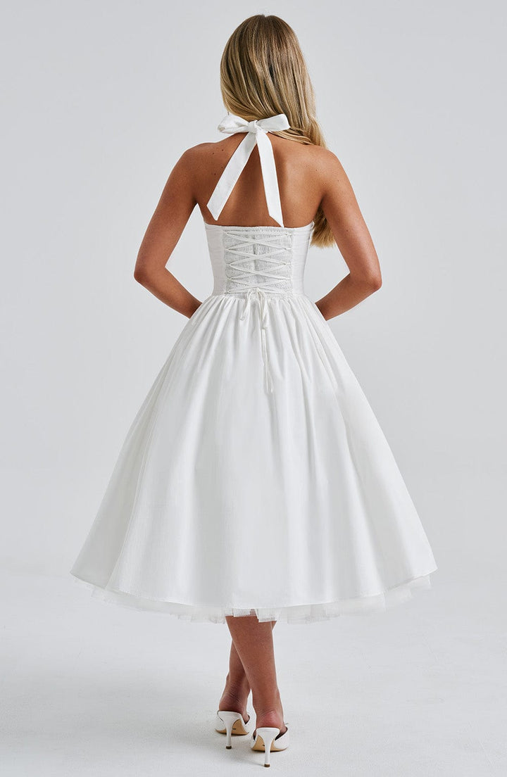 Women's elegant midi dress, a halter style for wedding guests, cocktail parties, and formal wear.