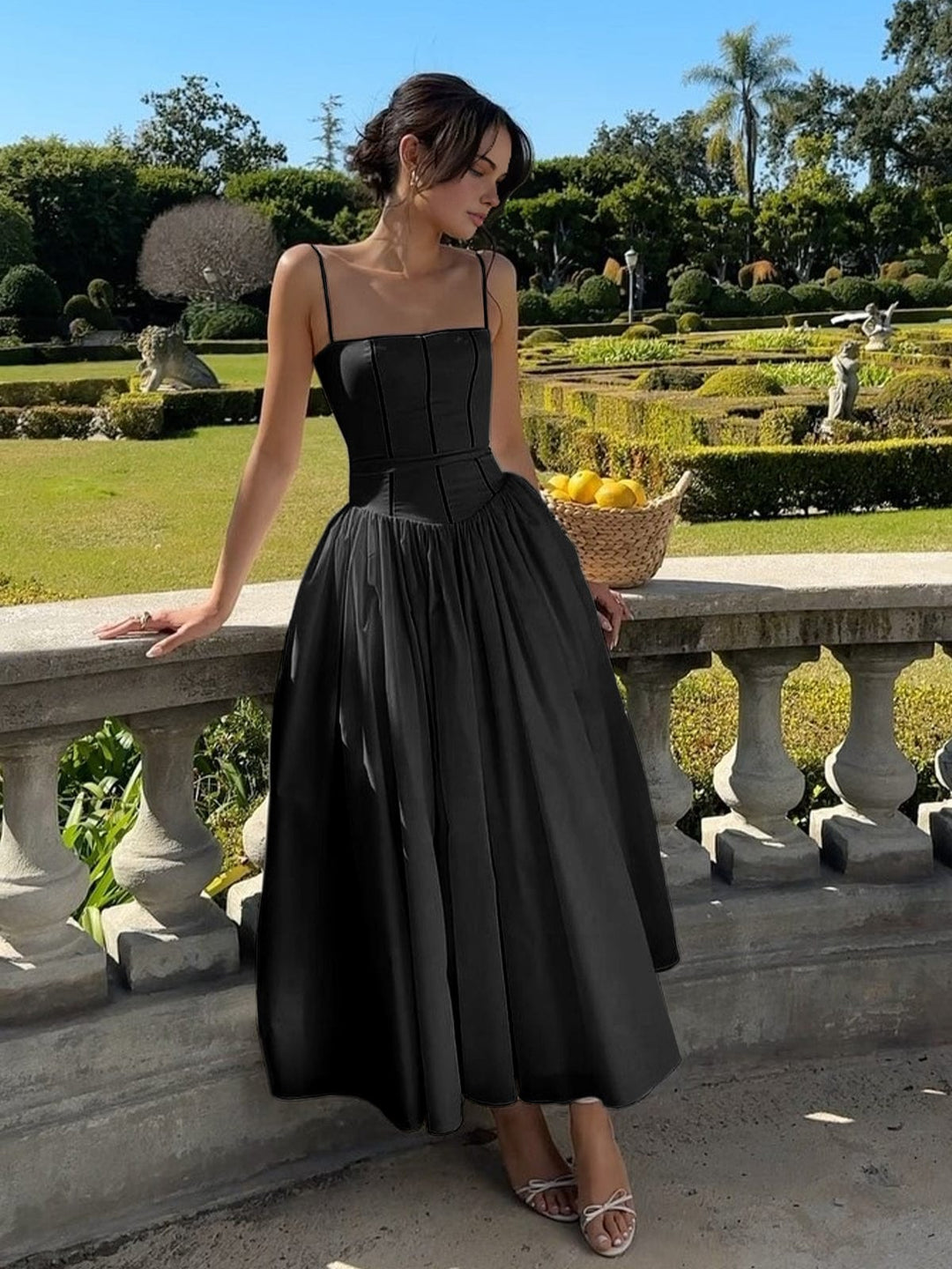 Chic black women's summer midi dress, elegant & comfortable for special occasions, parties, or vacation. Versatile.