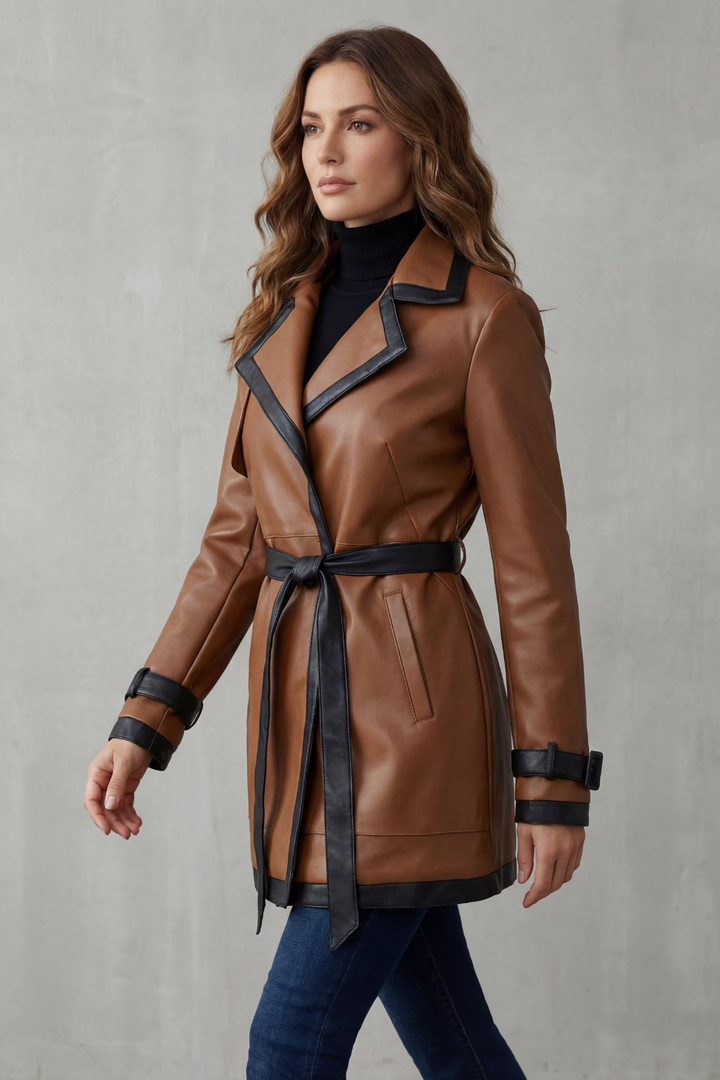 Dark brown long women's trench coat, chic & belted with contrast trim, ideal for a sophisticated fall outfit.