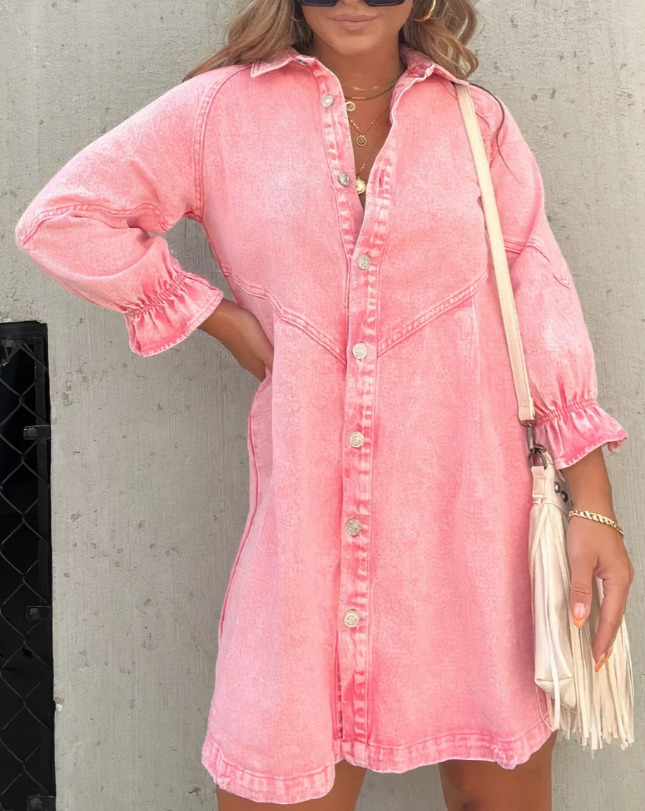 Summer-ready women's chic denim mini dress, a versatile day dress with a flattering A-line.
