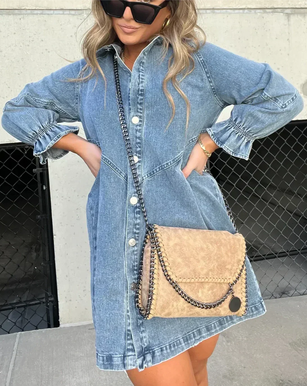 Denim-style women's mini dress, features button-down design & cute ruffle sleeves for summer.
