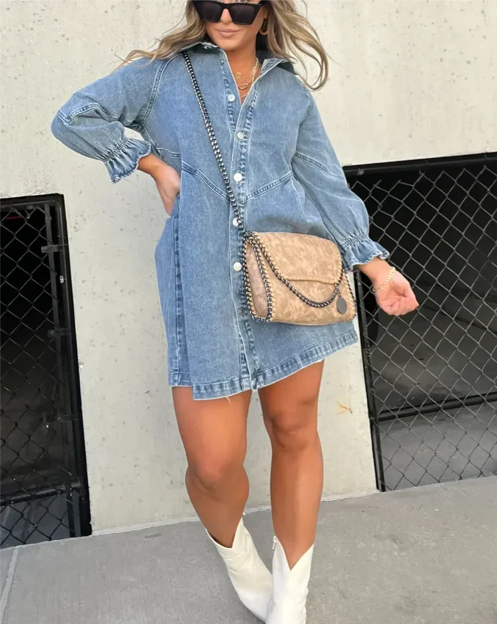Everyday women's casual mini dress, chic denim style with a comfy A-line fit.