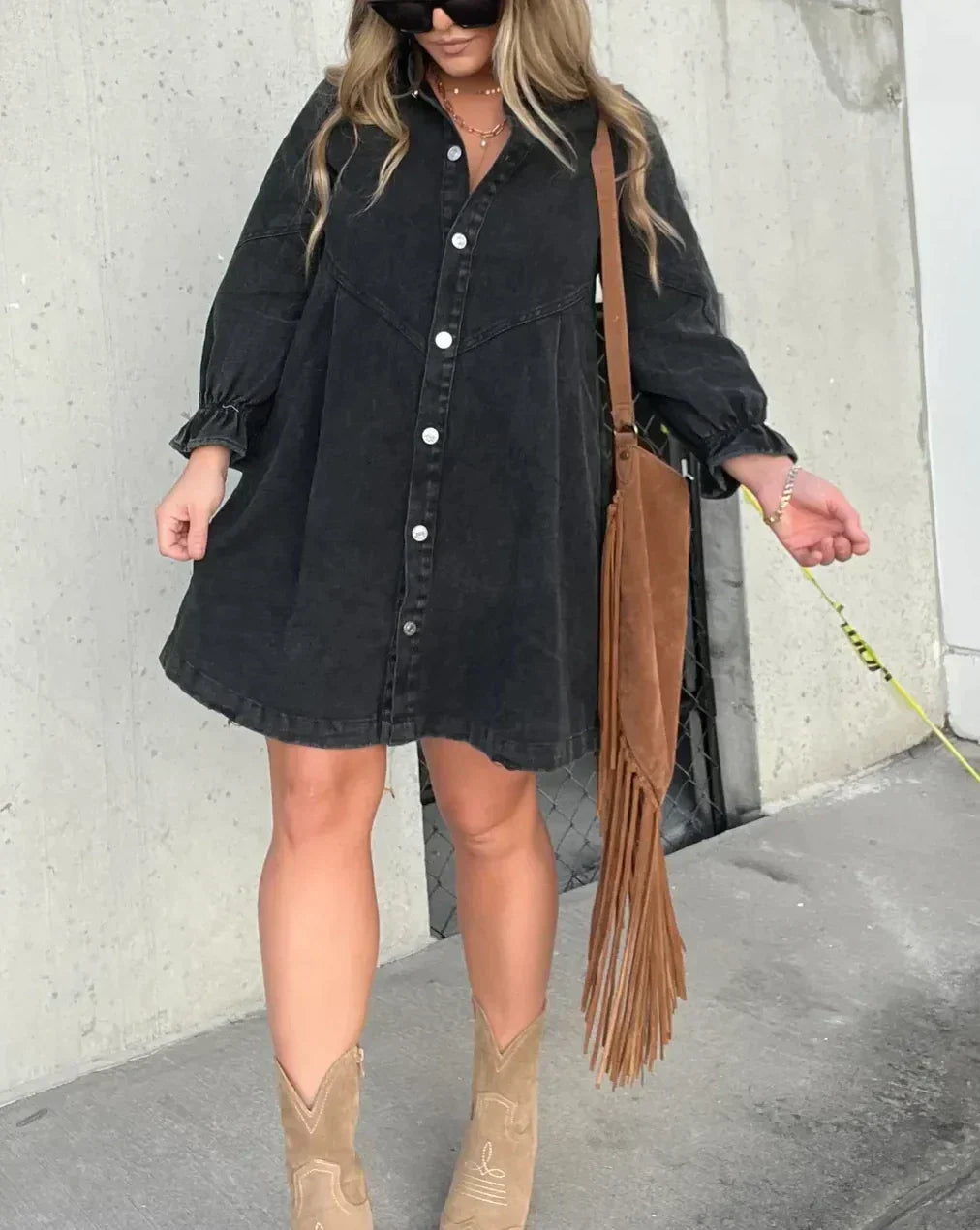 Chic women's denim-style mini dress, day wear, with ruffle sleeves & an A-line silhouette.