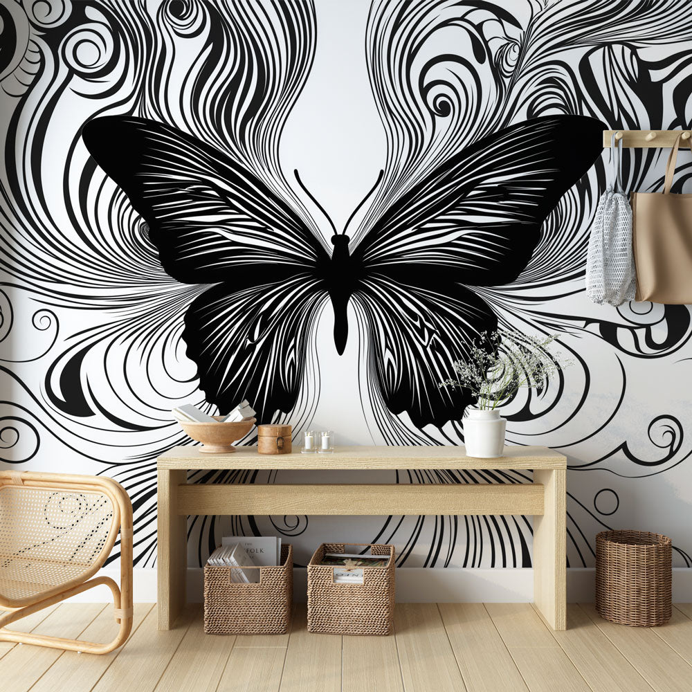 Chic monochrome butterfly wall mural, peel and stick wallpaper in elegant black & white for modern home decor.
