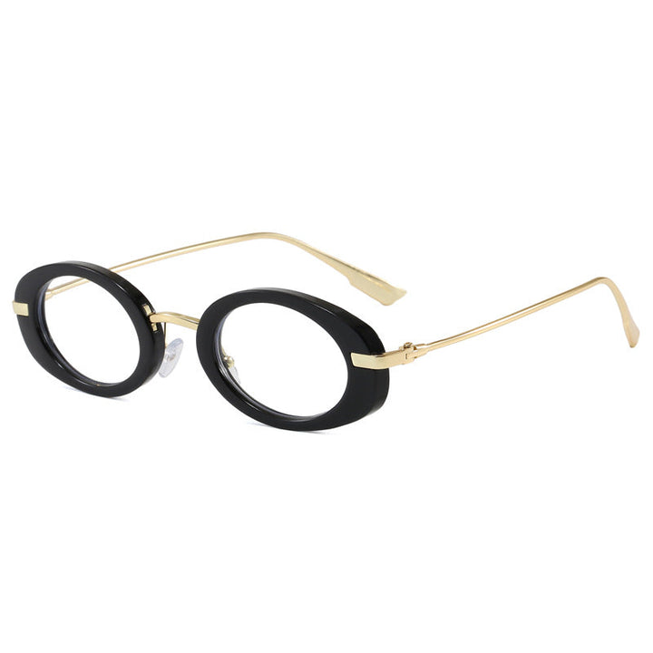 Unique view of women's chic oval frame fashion eyeglasses, highlighting elegant and modern design.