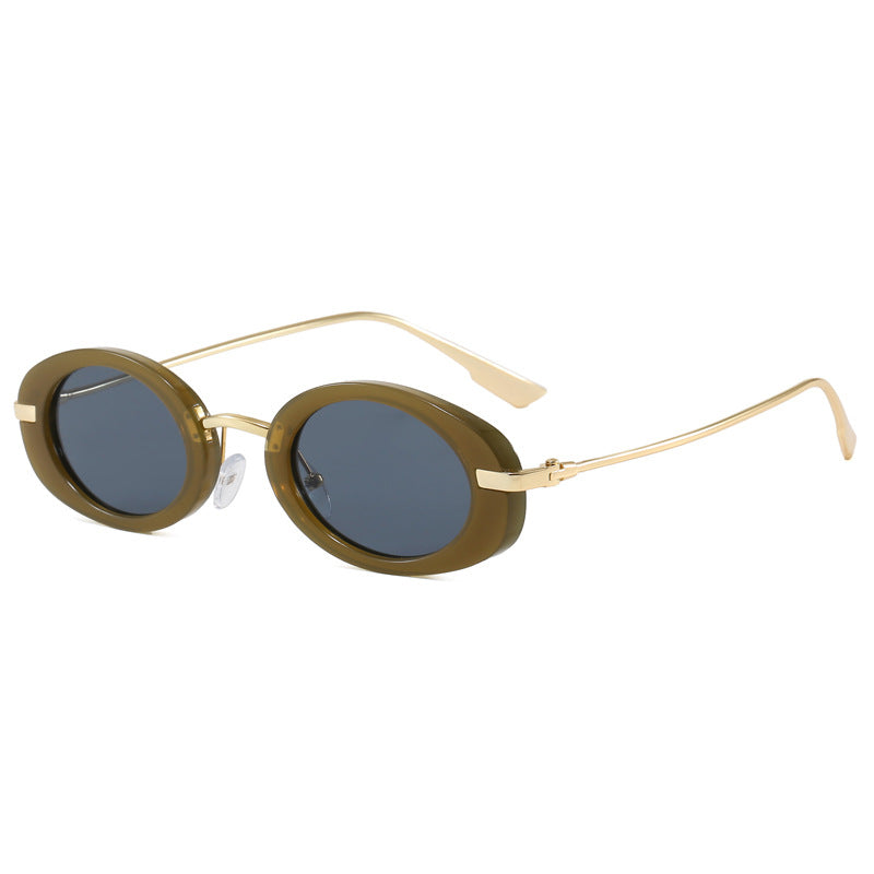 Trendy women's oval frame eyewear, showcasing sleek profile and comfortable fit.