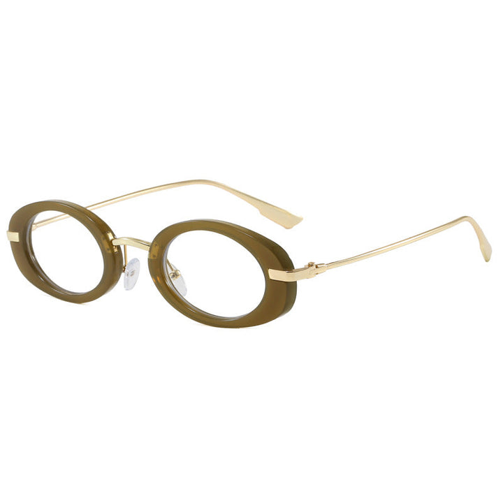 Professional woman wearing chic oval frame eyeglasses, enhancing her stylish and trendy look.