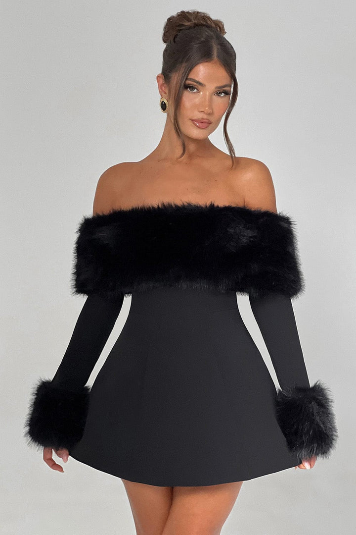 Chic red off-shoulder dress with plush accents, perfect for a glamorous night out.