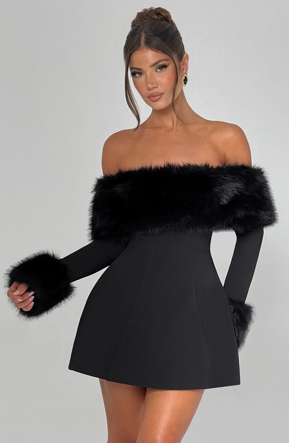 Sophisticated red cocktail dress, off-shoulder style with plush details for evening wear.