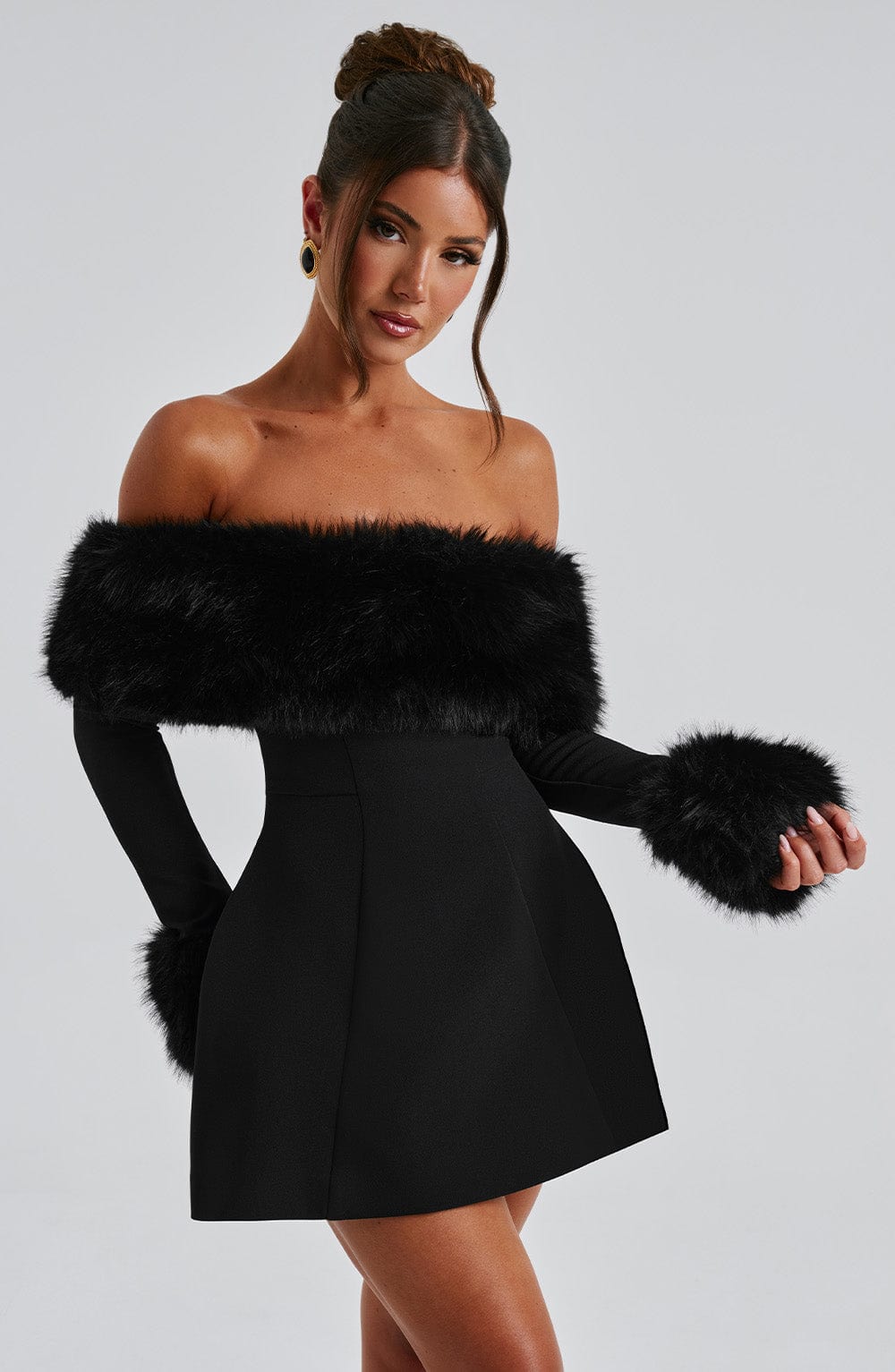 Sophisticated women's red off-shoulder evening dress with plush details, perfect for any party.