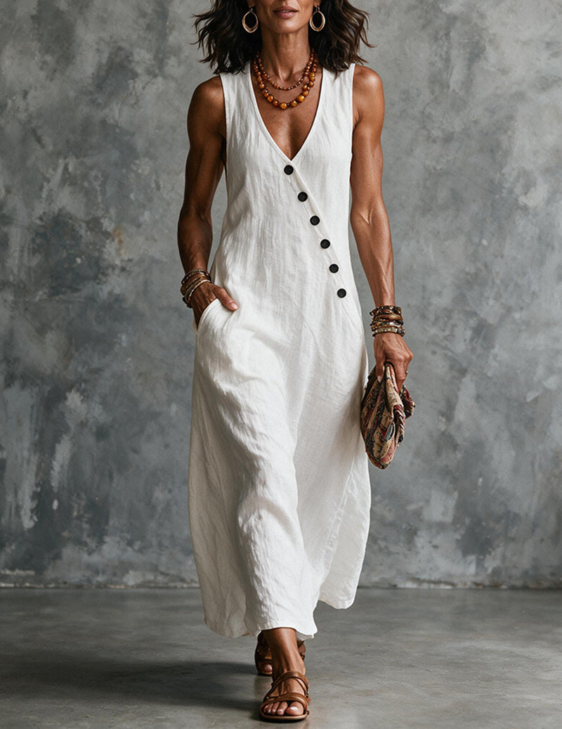 Chic sleeveless V-neck midi dress for women, perfect for summer casual wear with button detail & pockets.