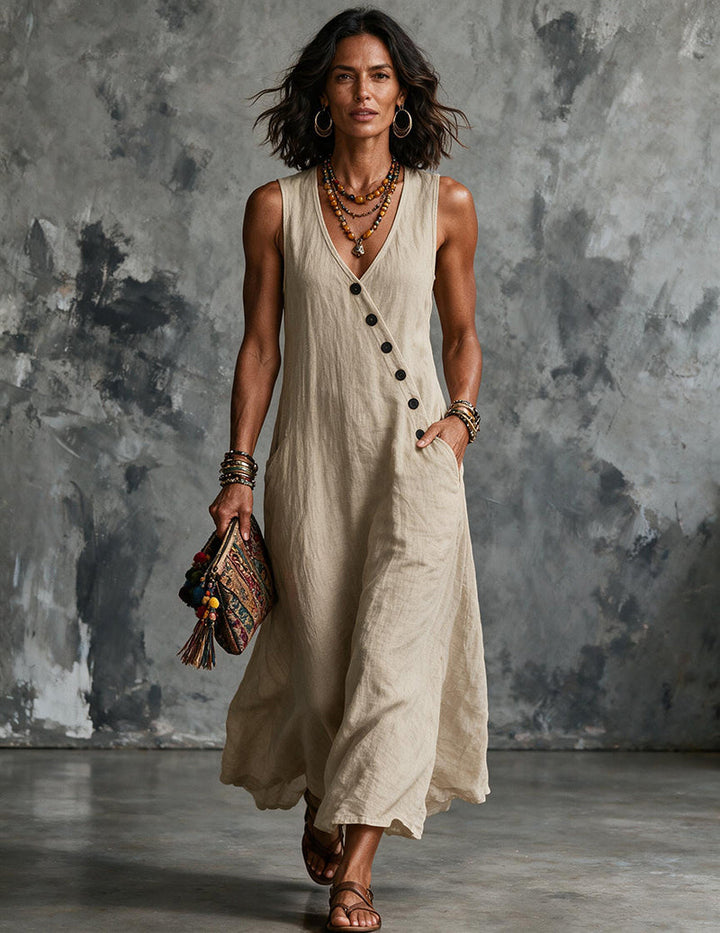 Women's sleeveless V-neck midi dress in a vibrant color, perfect for a chic summer look.