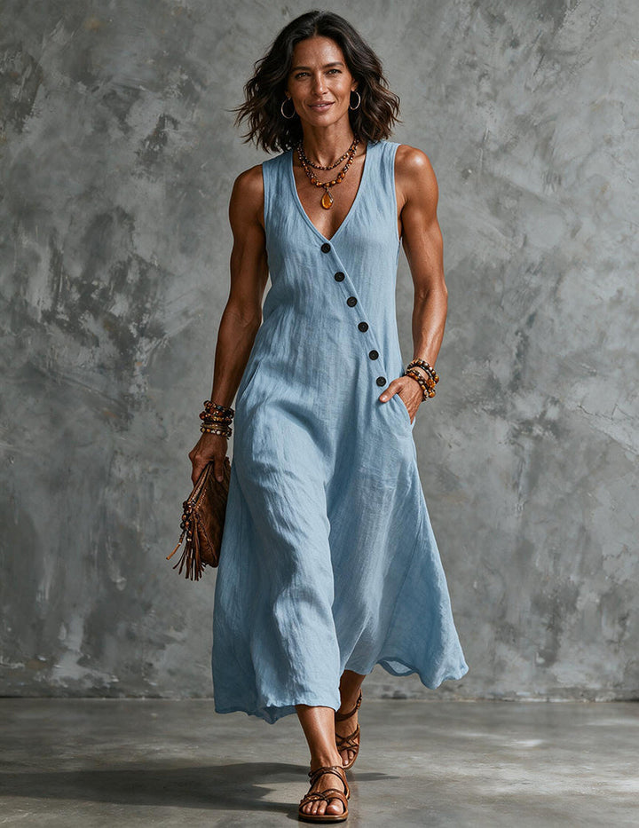 Soft, flowy women's sleeveless V-neck midi dress, a chic and casual choice for everyday summer fashion.