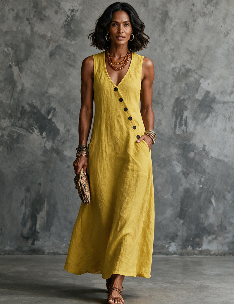 Sleeveless V-neck midi dress for women with a flattering silhouette, perfect for summer casual outings.