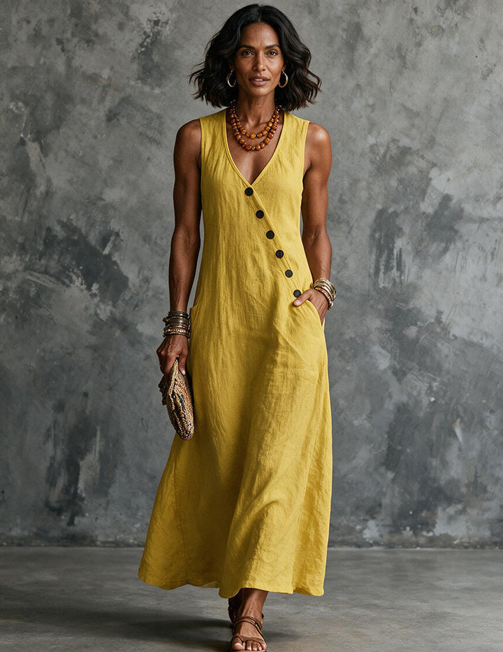 Sleeveless V-neck midi dress for women with a flattering silhouette, perfect for summer casual outings.
