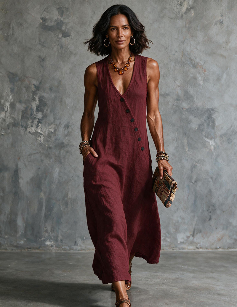 Women's chic sleeveless V-neck midi dress with button details, ideal for summer & everyday wear.
