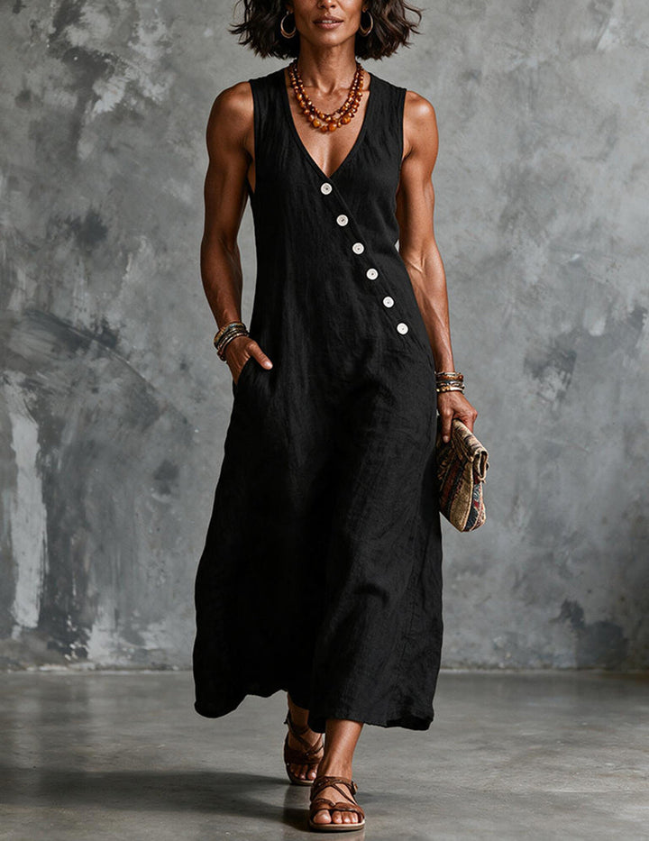 Elegant women's sleeveless V-neck midi dress, flowy and chic, great for everyday fashion.