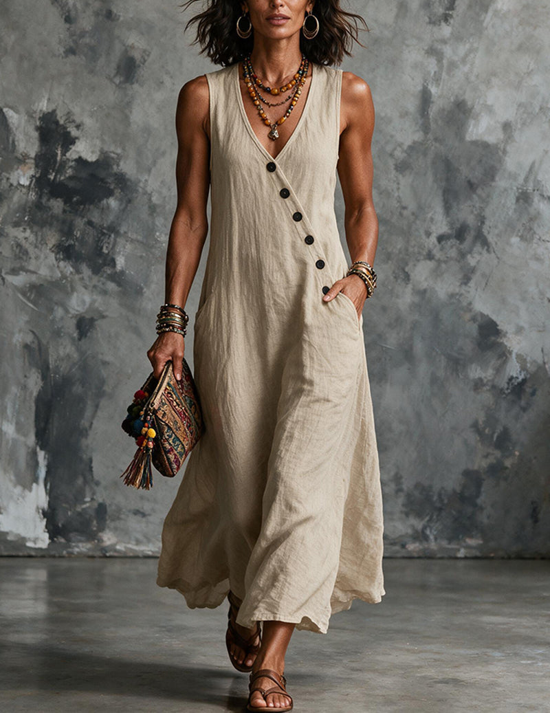 Women's casual sleeveless V-neck midi dress with practical pockets and stylish button detail.