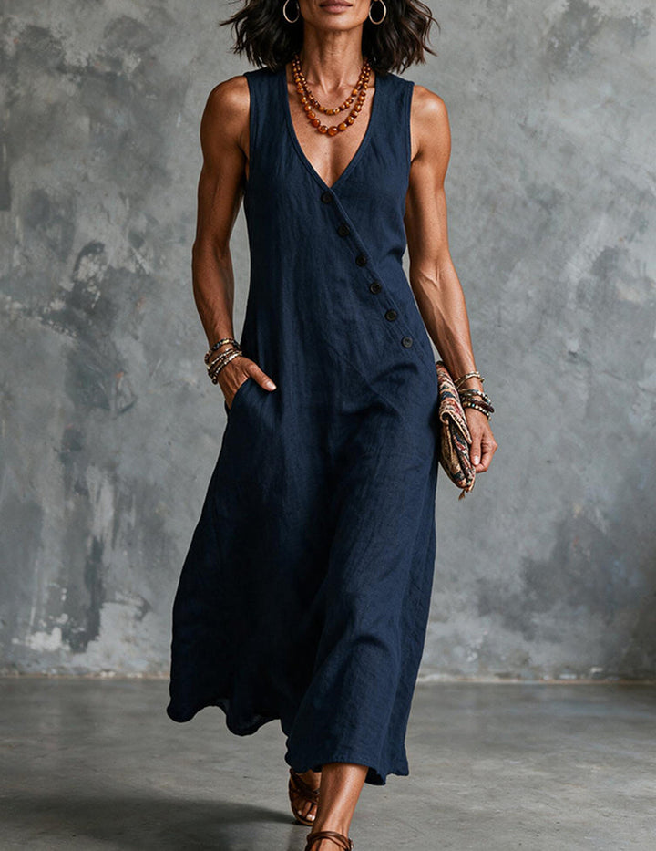 Lightweight summer sleeveless midi dress for women, V-neck, comfortable and flowy for everyday.