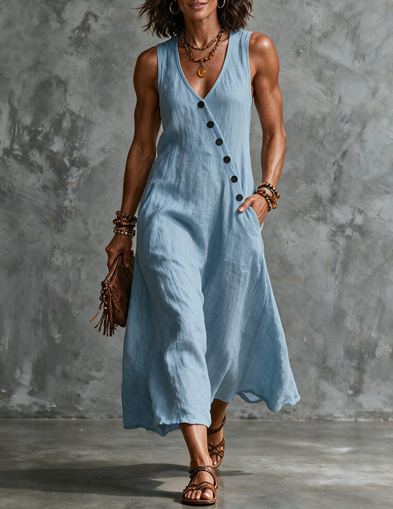 V-neck sleeveless midi dress for women with chic button accents, perfect for casual summer fashion.