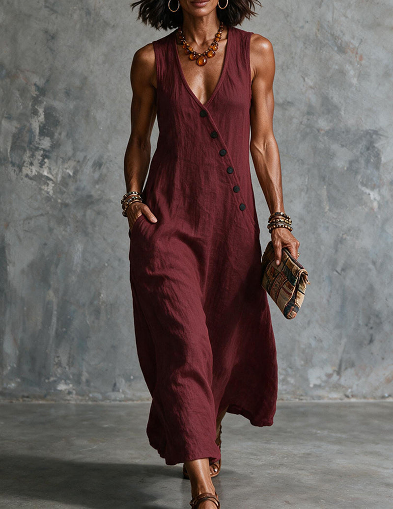 Close-up of a women's V-neck sleeveless midi dress, highlighting button details and flowy fabric.