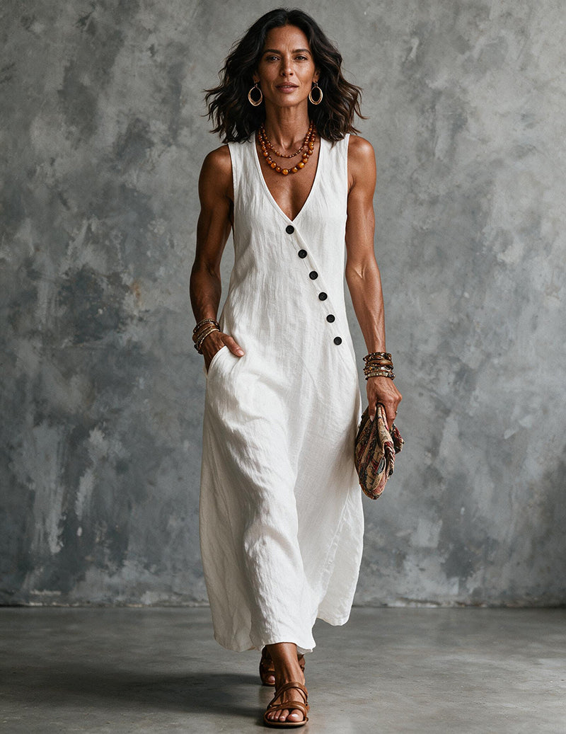 Woman wearing a chic sleeveless V-neck midi dress, showcasing its flowy design and comfort.