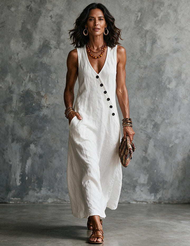 Woman wearing a chic sleeveless V-neck midi dress, showcasing its flowy design and comfort.