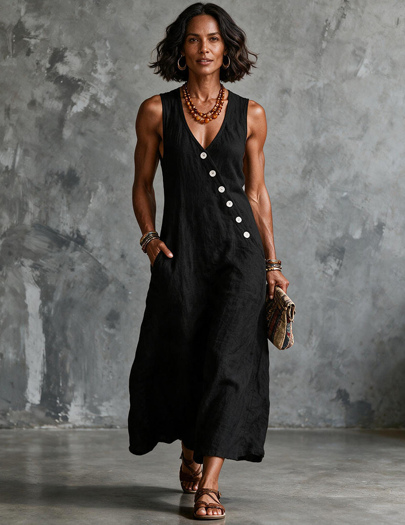 Front view of a stylish women's sleeveless V-neck midi dress, featuring button front & convenient pockets.