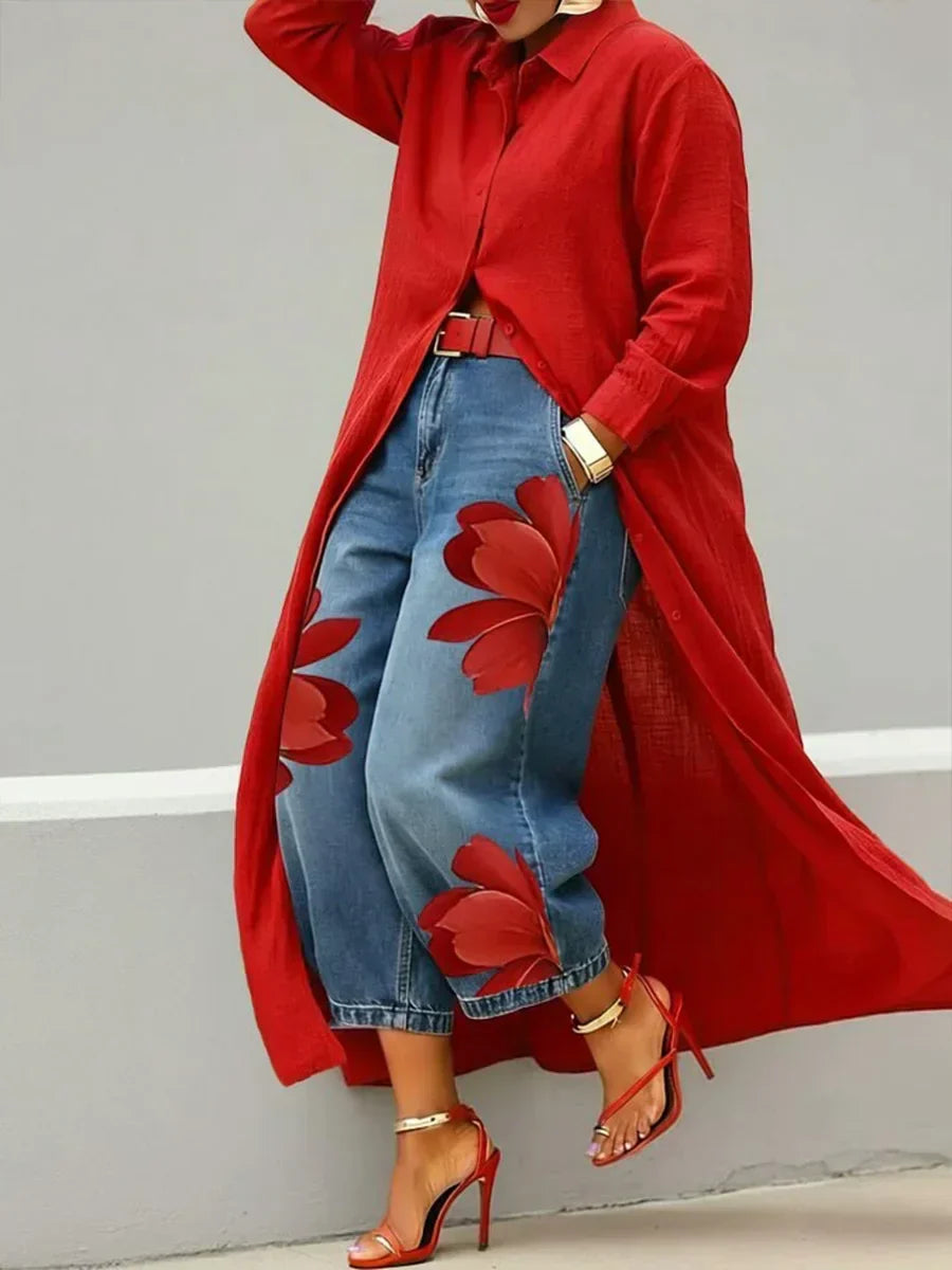 Chic women's 2-piece outfit: versatile shirt dress & stylish floral jeans set for spring/summer fashion.