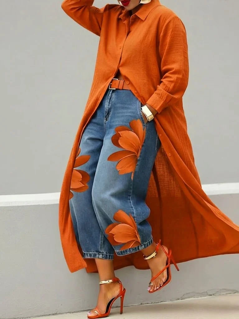 Elegant women's shirt dress in a versatile two-piece set, paired with trendy floral jeans.
