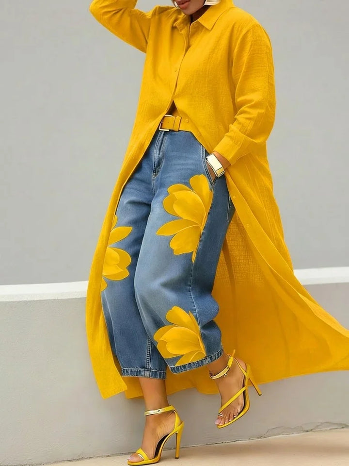 Spring/summer women's set: a fashionable shirt dress combined with vibrant floral jeans. Versatile outfit.