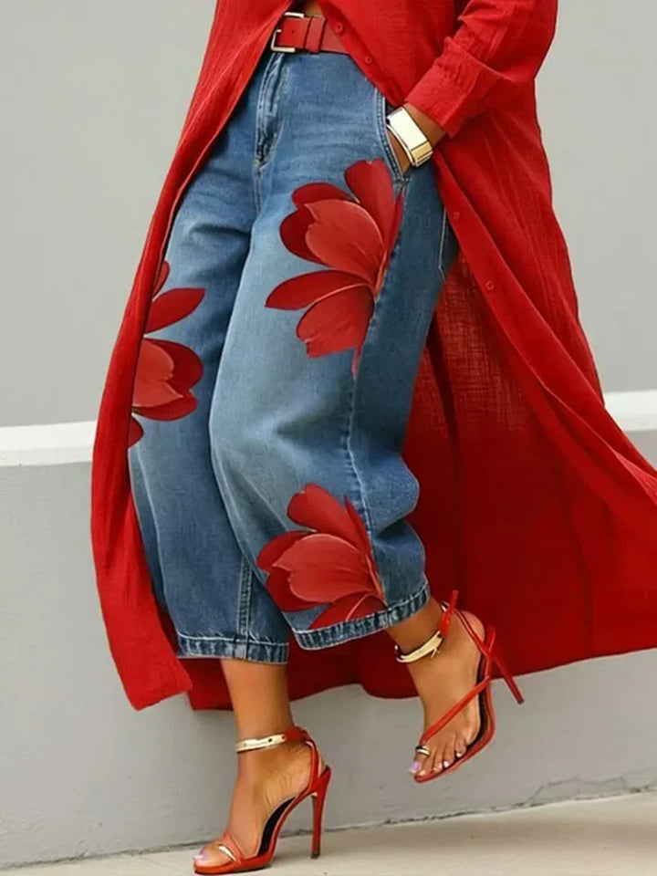 Model wearing a women's chic shirt dress and vibrant floral jeans set, ideal for versatile casual wear.