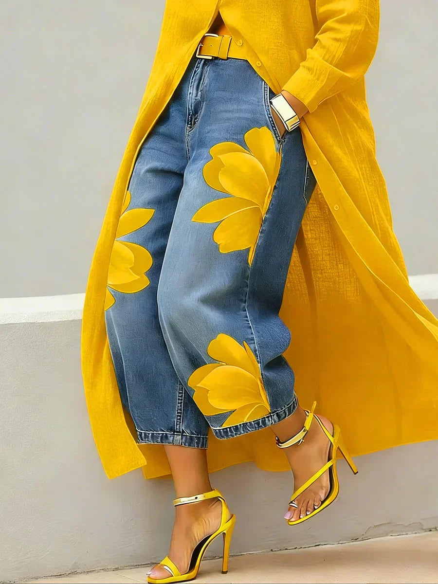 Women's versatile shirt dress and colorful floral jeans set, a stylish 2-piece outfit for spring casual wear.
