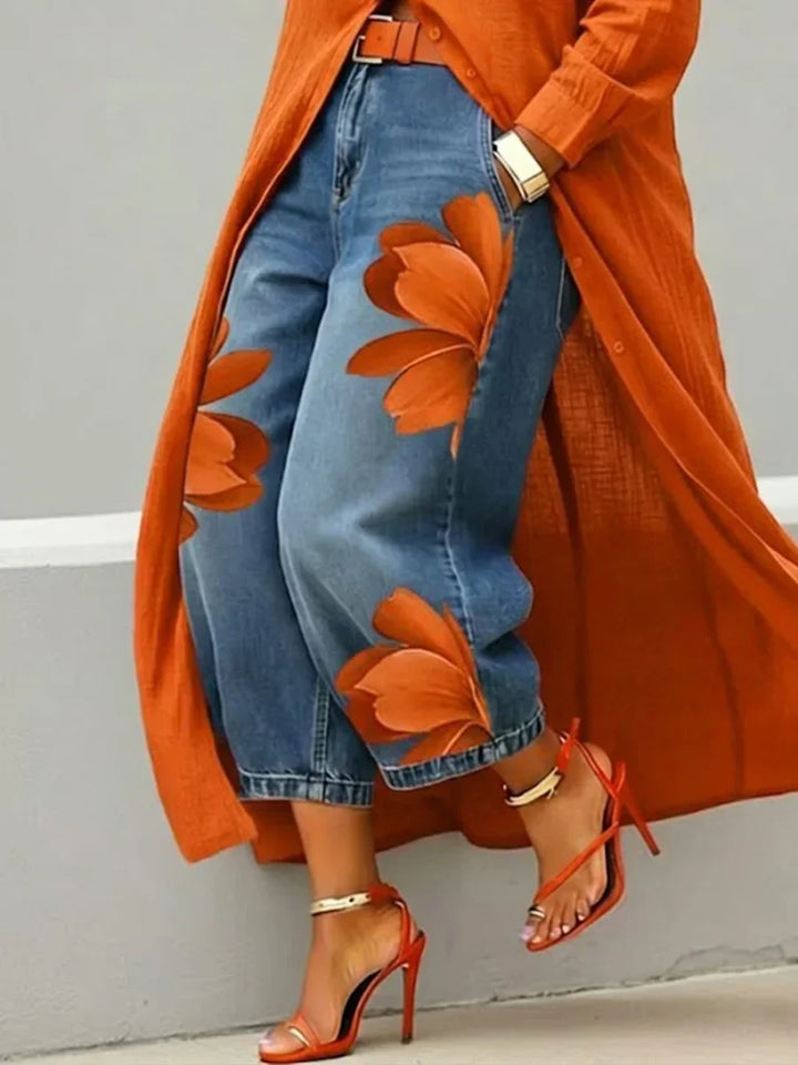 Fashionable women's dress and jeans set: a chic shirt dress with beautiful floral print jeans for summer.