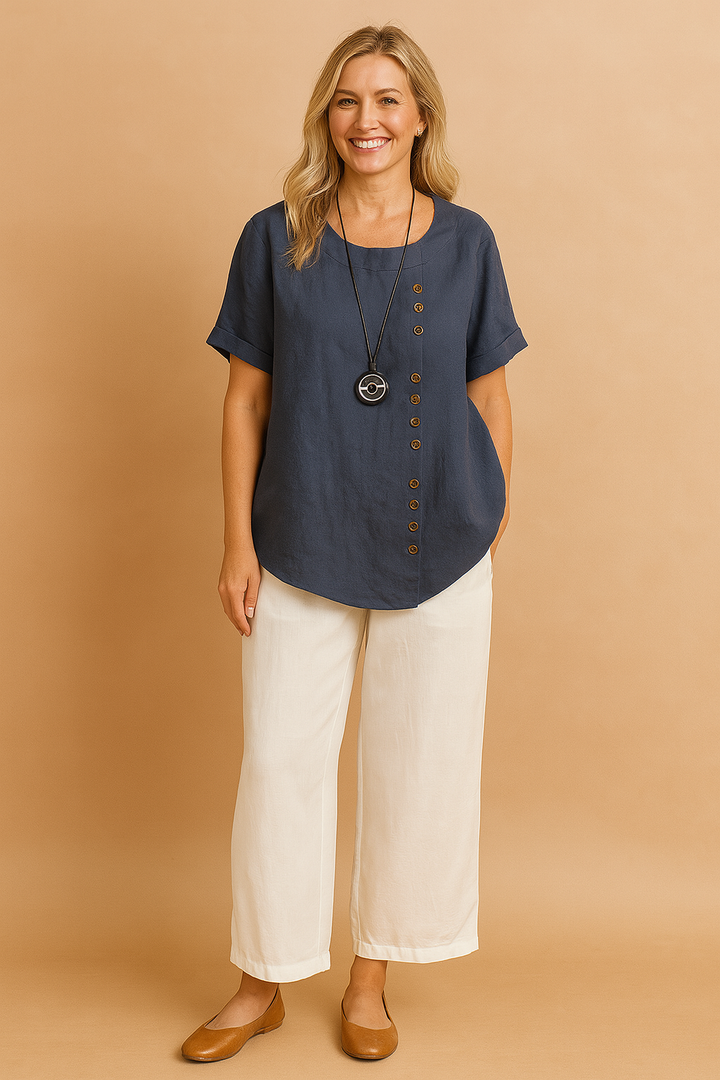 Green casual women's asymmetrical top, short sleeve with stylish clasp detail.