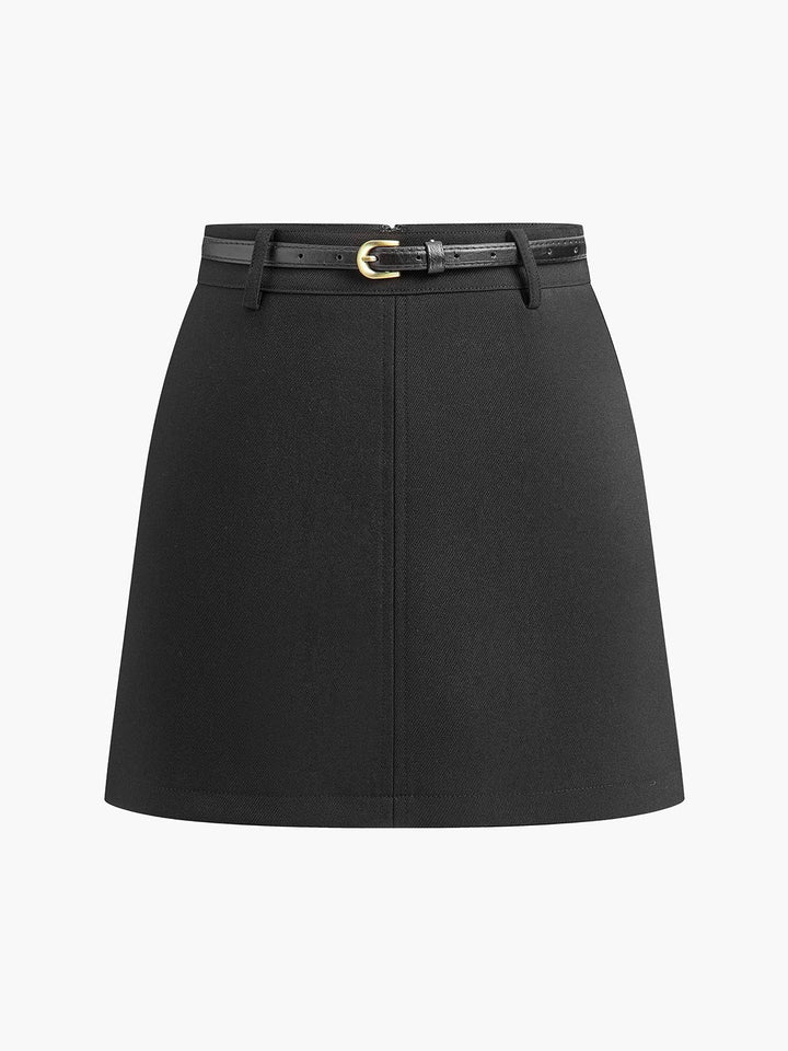 Elegant women's mid-rise belted mini skirt, suitable for chic, versatile outfits.