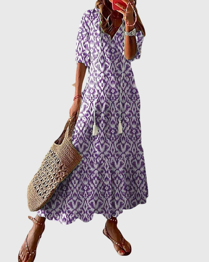 Comfortable & chic women's vintage bohemian summer dress. Flowy midi length, perfect casual or vacation sundress.