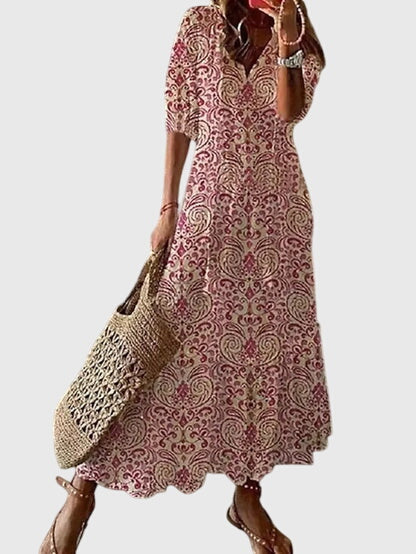 Boho vintage women's summer dress. Flowy midi sundress for beach, vacation, and chic casual bohemian style.