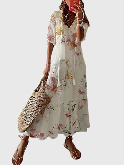 Lightweight women's flowy bohemian sundress. Vintage style summer midi dress, perfect for beach & vacation.