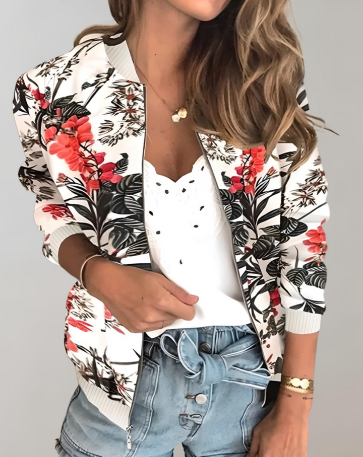 Effortless style: Women's floral bomber jacket. Comfortable and chic outerwear for trendy spring fashion.