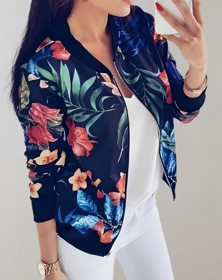 Women's floral print bomber jacket. Casual chic fashion outerwear, a trendy and versatile spring jacket.