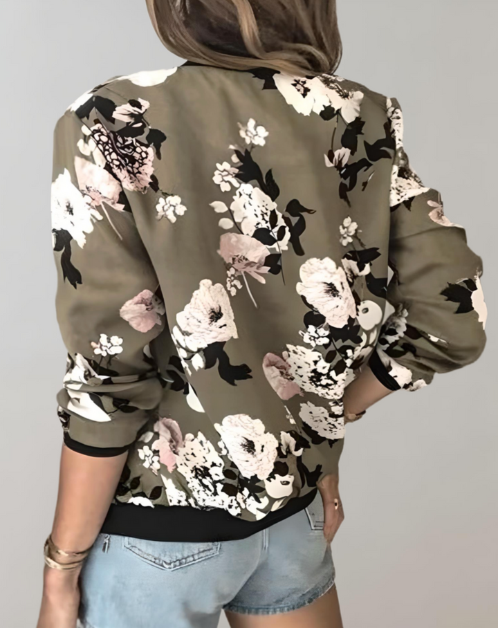 Stylish women's floral bomber jacket, a must-have for trendy spring fashion and casual chic outerwear.