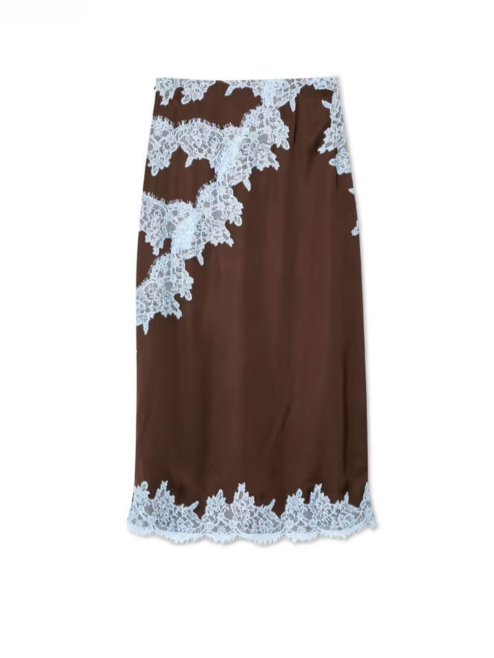 Stylish women's brown matching two-piece set: a chic halter top and an elegant maxi skirt, perfect for any event.