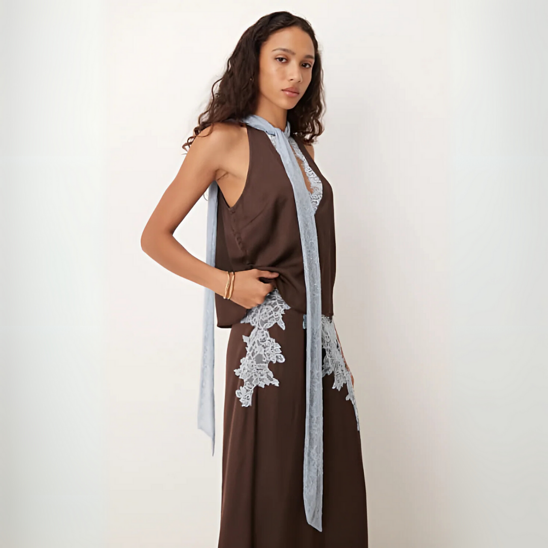 Stylish women's brown halter neck top from a two-piece set, ideal for summer fashion & evening wear.
