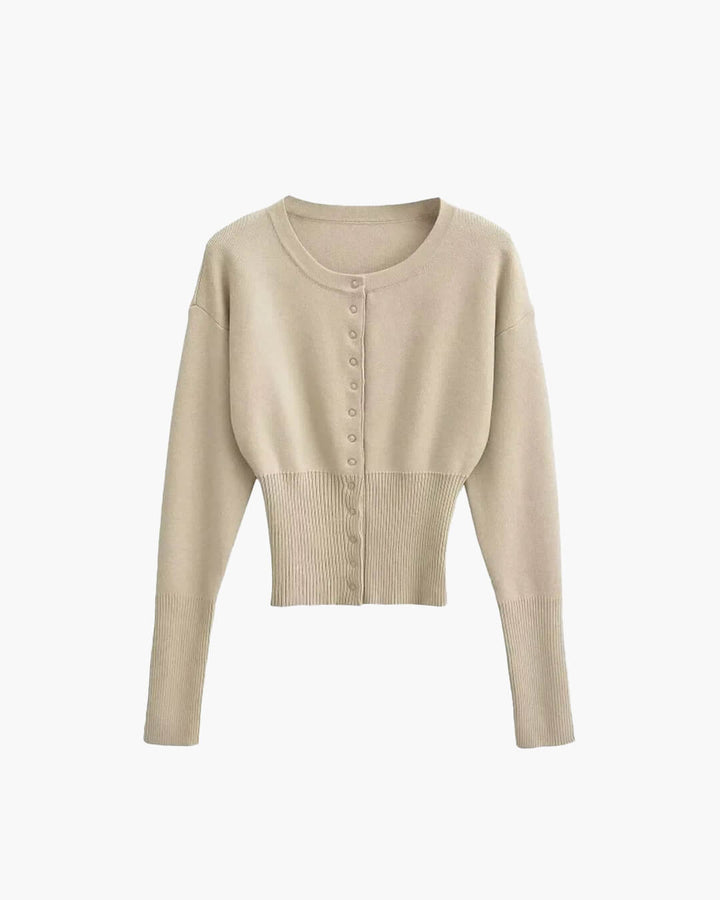 Comfortable women's round neck button-up cardigan, stylish long-sleeve for spring and autumn layering.